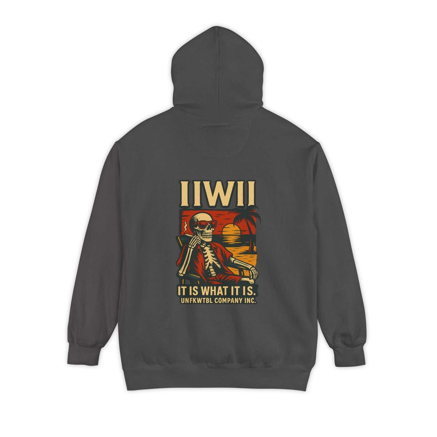 Unisex dark gray garment-dyed hoodie with skeleton graphic and text "IIWII It is what it is" on back