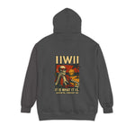 Unisex dark gray garment-dyed hoodie with skeleton graphic and text 