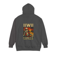 Unisex dark gray garment-dyed hoodie with skeleton graphic and text "IIWII It is what it is" on back