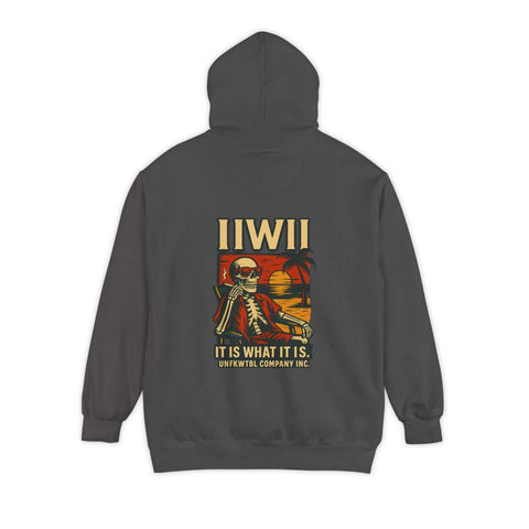 Unisex dark gray garment-dyed hoodie with skeleton graphic and text "IIWII It is what it is" on back
