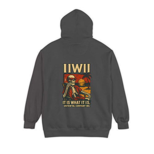 Unisex dark gray garment-dyed hoodie with skeleton graphic and text "IIWII It is what it is" on back