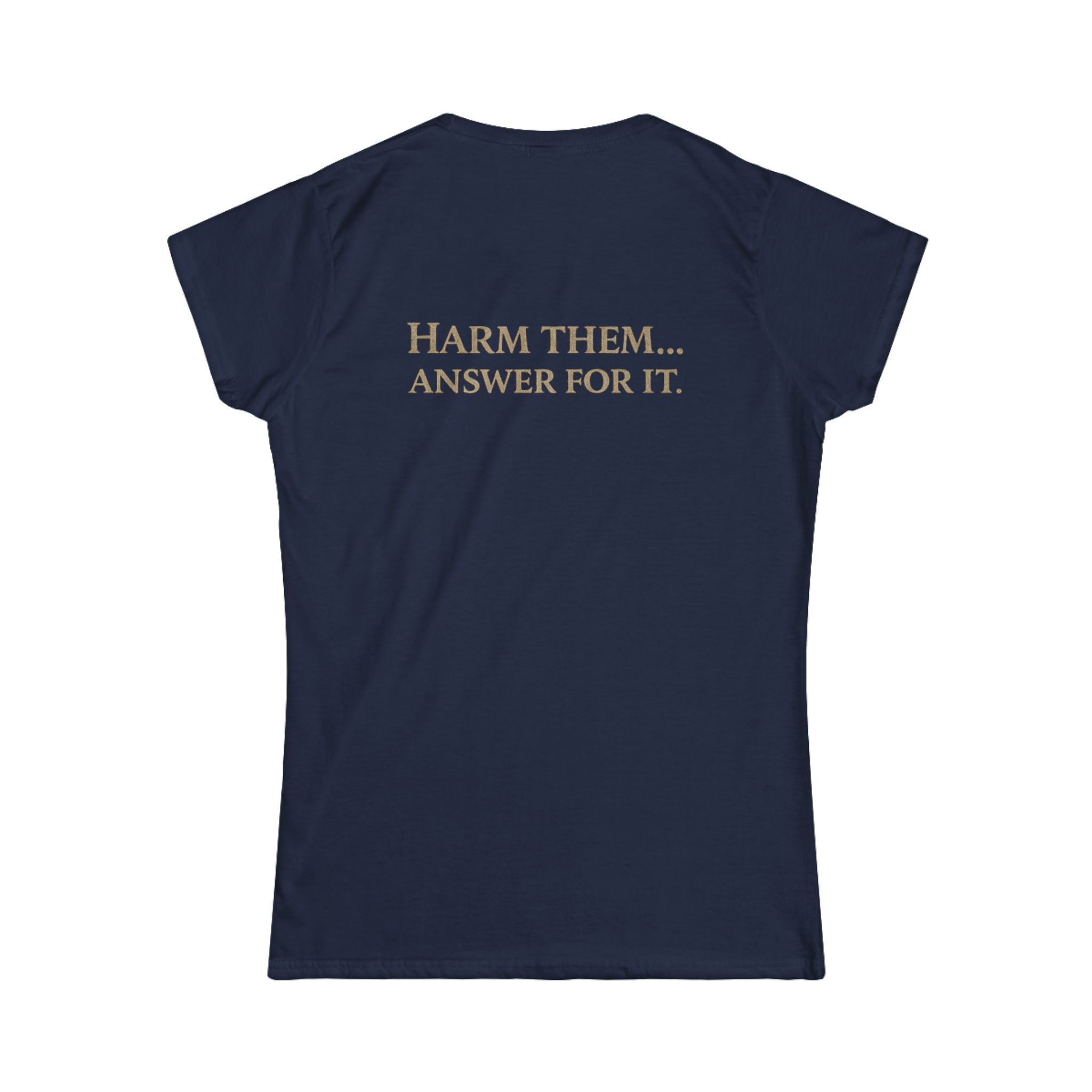 Protect the Innocent Skull Tee — “Harm Them… Answer For It.” Graphic Women’s Shirt