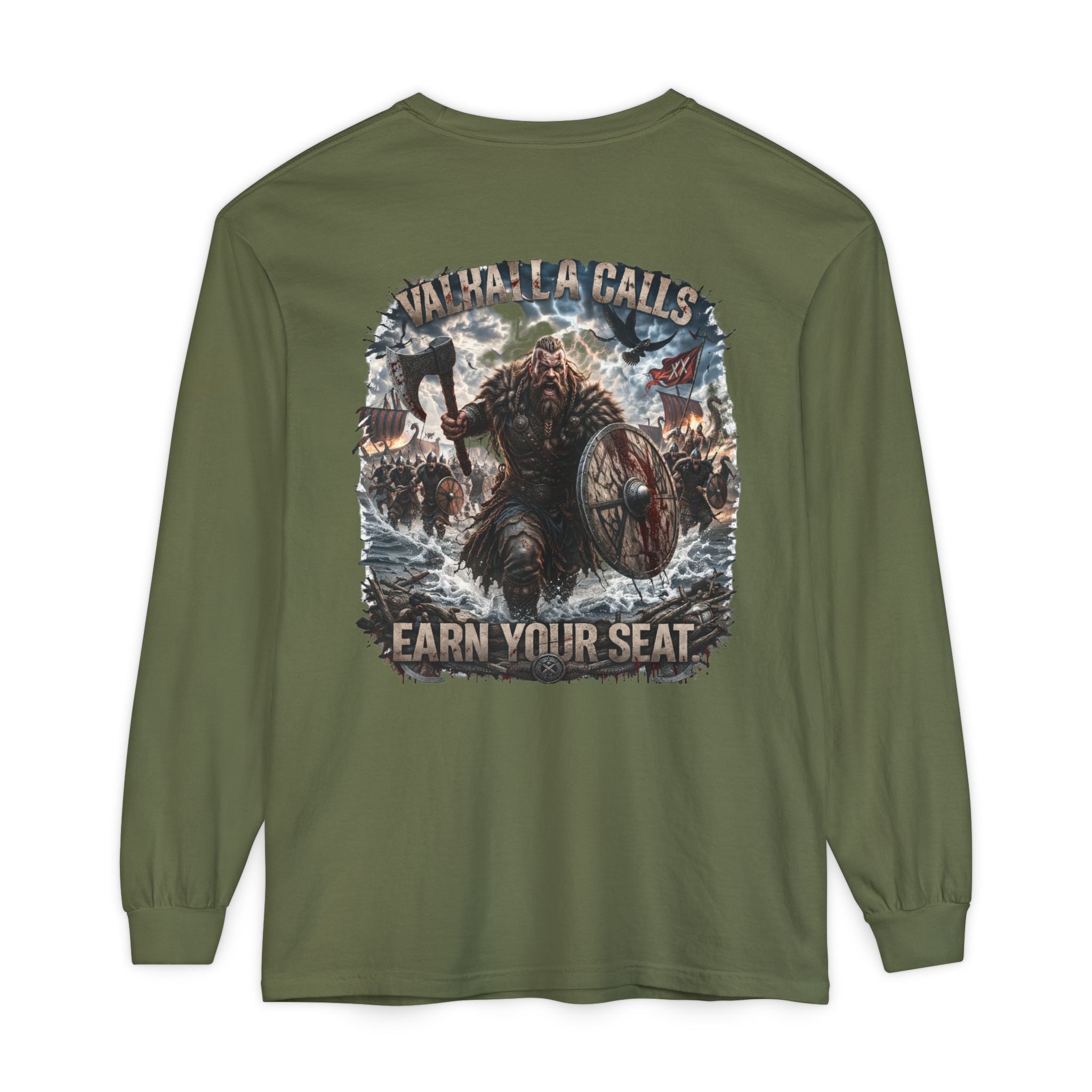 Valhalla Calls Long Sleeve Tee — "Earn Your Seat" Viking Graphic