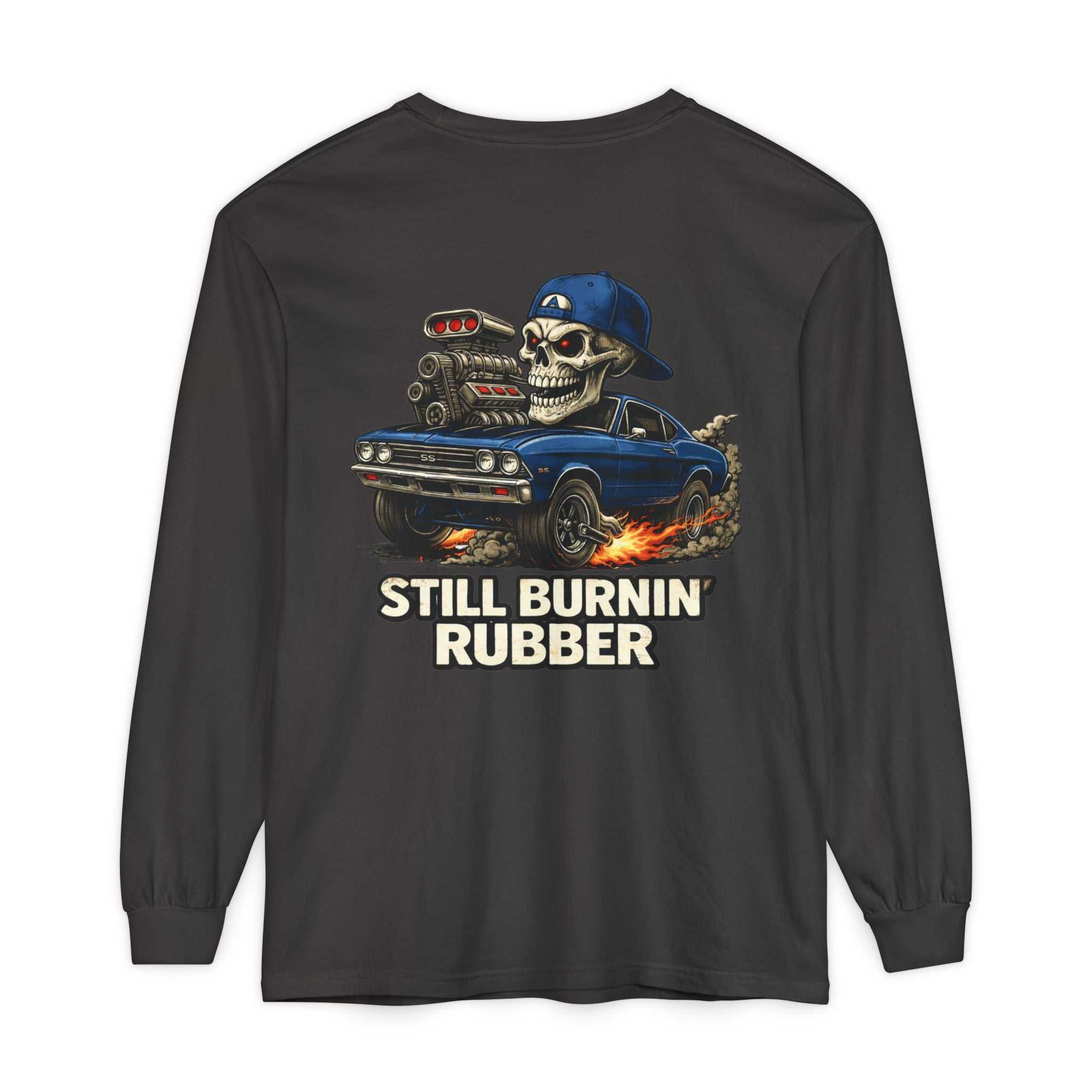 Still Burnin' Rubber long sleeve tee with retro skull muscle car graphic on faded garment-dyed cotton