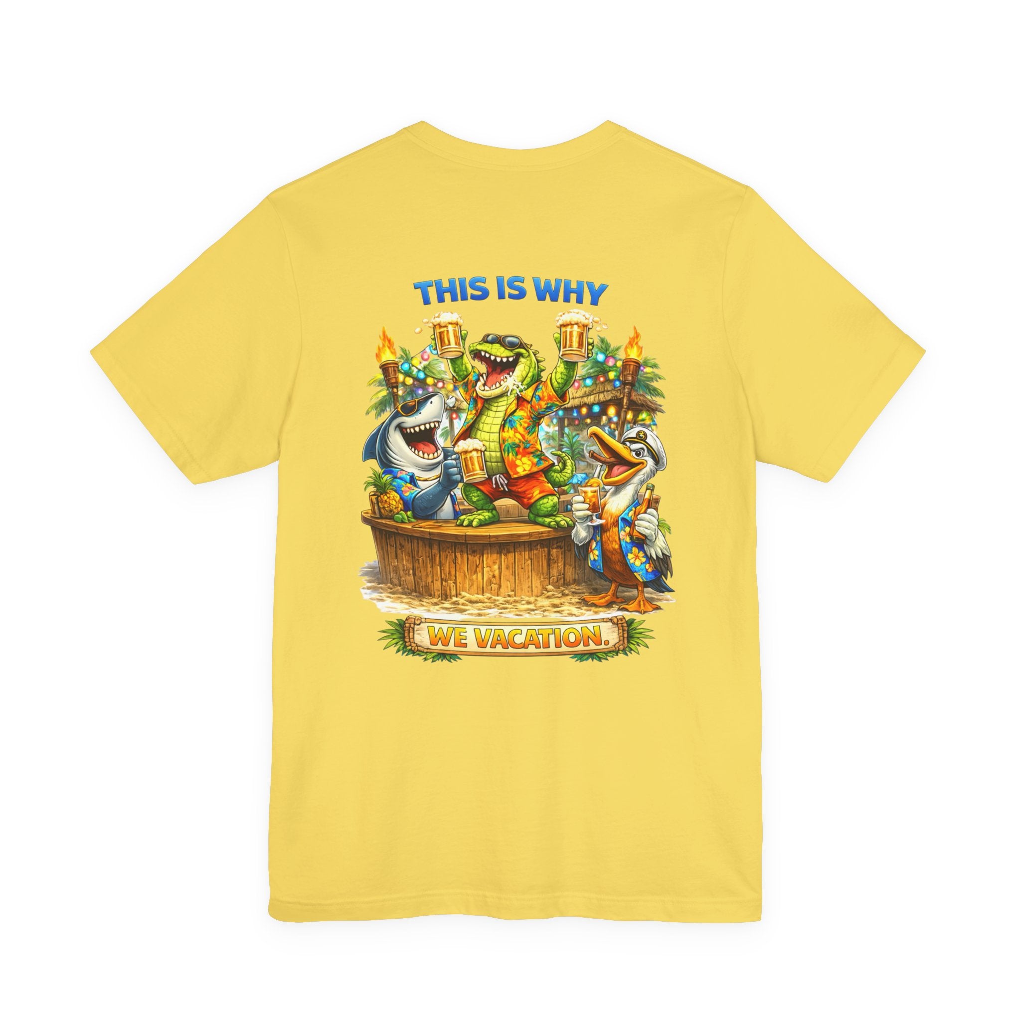 Vacation Party Tee — "This Is Why We Vacation" Tropical Shark & Gator Graphic Shirt
