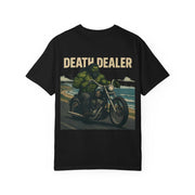 Black unisex garment-dyed T-shirt with Death Dealer design riding motorcycle on coast graphic tee