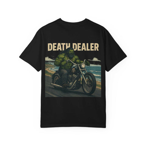 Black unisex garment-dyed T-shirt with Death Dealer design riding motorcycle on coast graphic tee