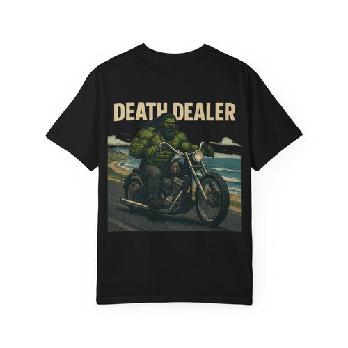 Black unisex garment-dyed T-shirt with Death Dealer design riding motorcycle on coast graphic tee
