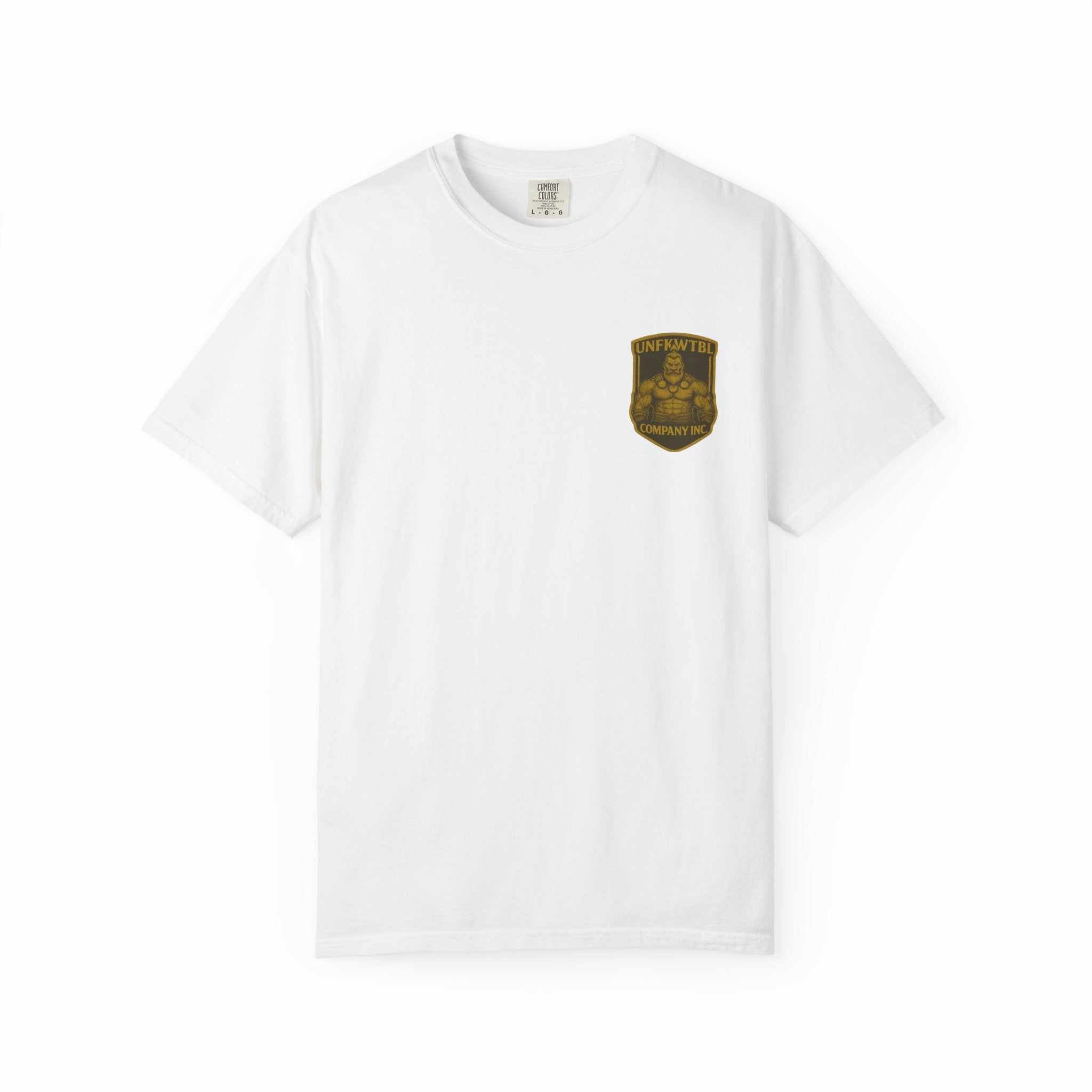White Viking Warrior Unisex Tee with Norse mythology emblem on chest, soft garment-dyed cotton fabric.