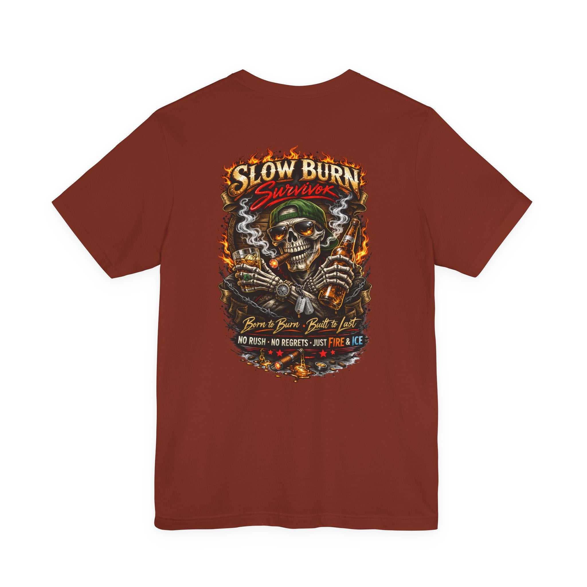 Slow Burn Survivor T-Shirt — Vintage Skull Motorcycle Flame Tee
