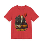 Clown Spy Thriller Tee with grinning clown, red balloon, clown-faced sports car, and Victorian house graphic on lightweight cotton shirt
