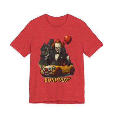 Clown Spy Thriller Tee with grinning clown, red balloon, clown-faced sports car, and Victorian house graphic on lightweight cotton shirt