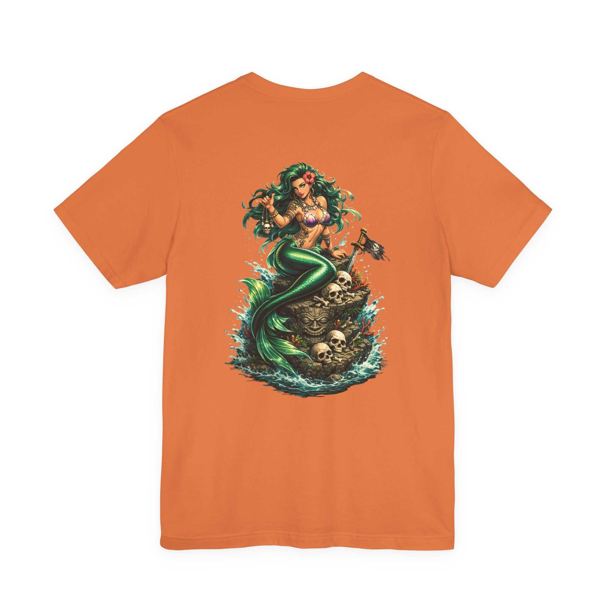 Vintage green Mermaid Skull Art Tee featuring a detailed mermaid skull graphic on a soft cotton shirt