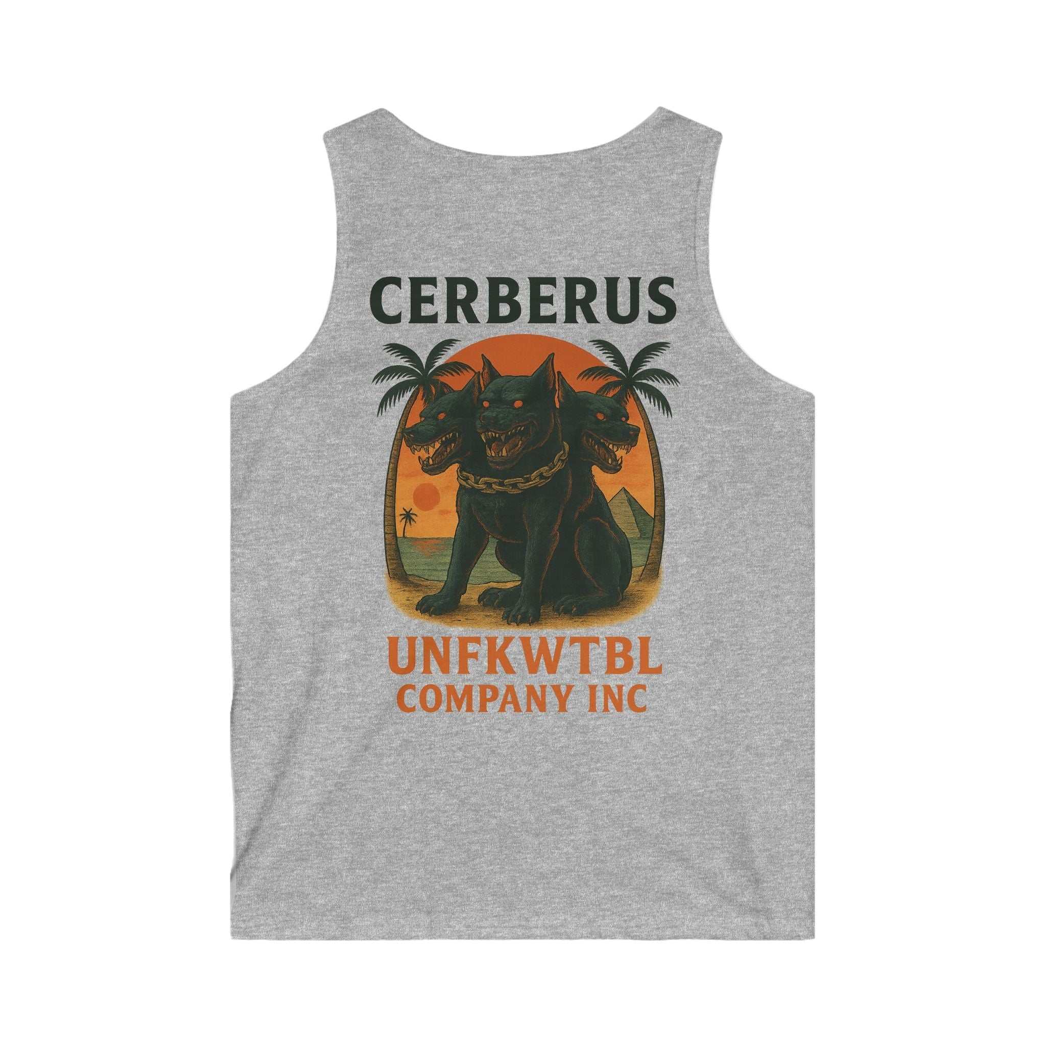 Gray tank top with a hellhound Cerberus graphic and UNFKWTBL Company Inc text on the back