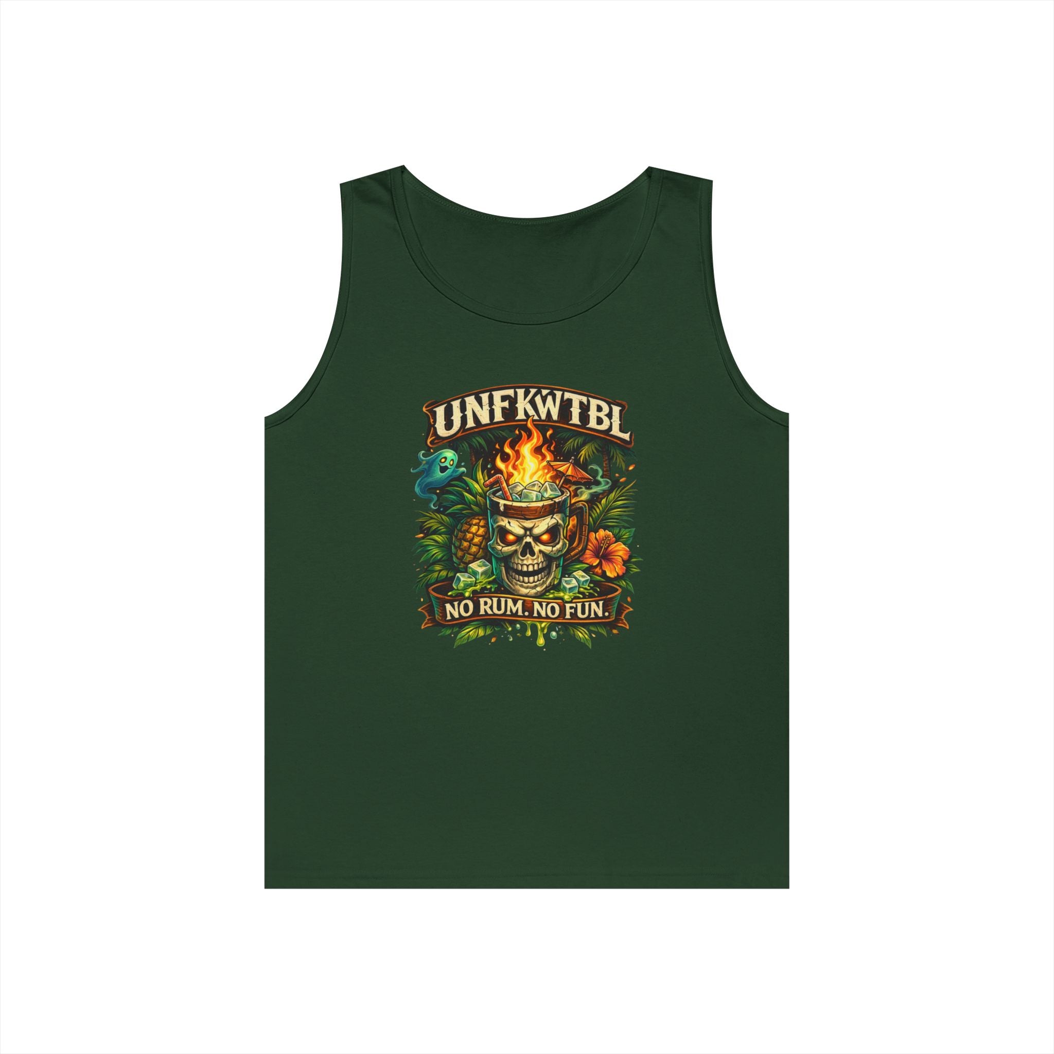 Tiki Skull Tank Top — “No Rum, No Fun” Tropical Beach Party Graphic Tank
