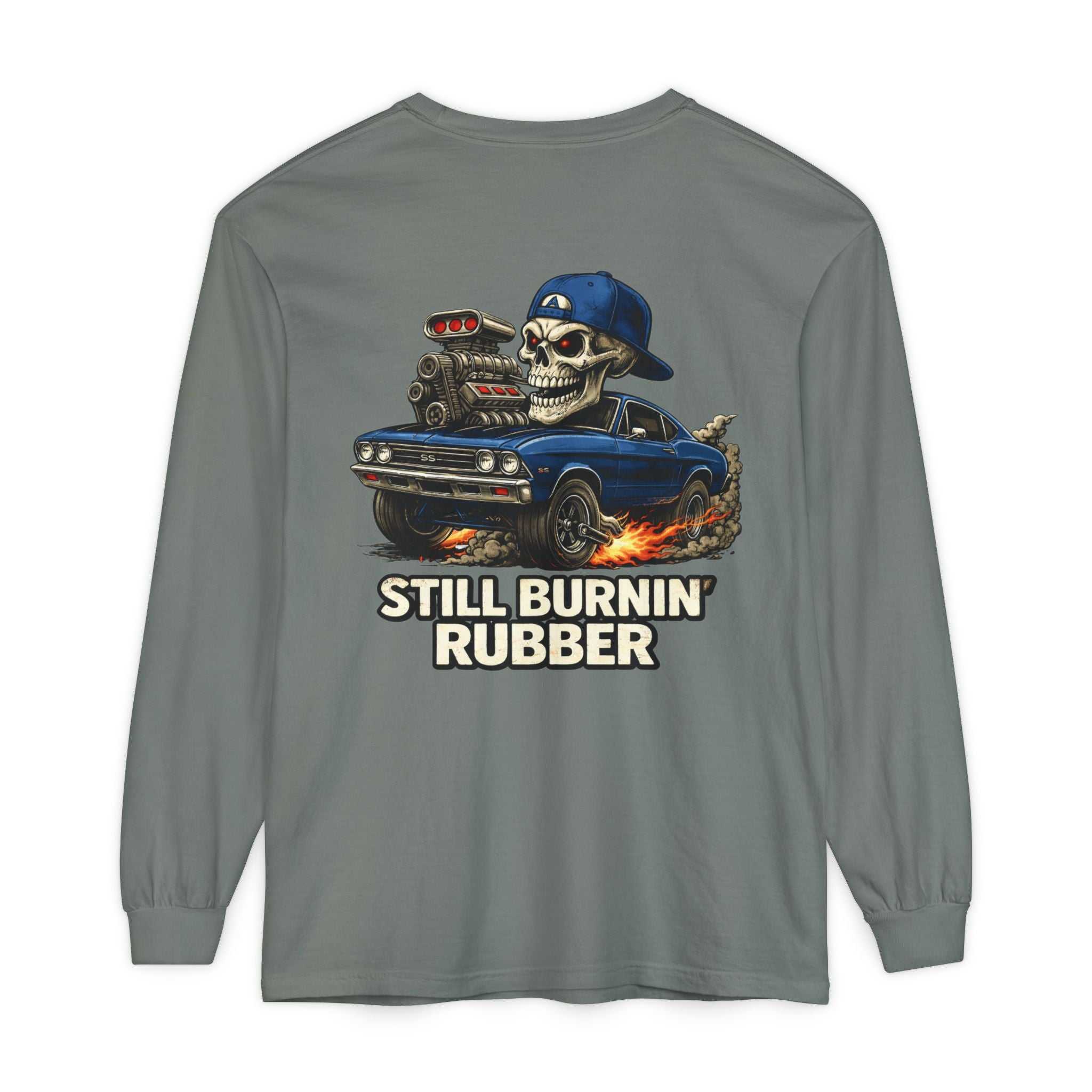 Still Burnin' Rubber Long Sleeve Tee — Retro Skull Muscle Car Graphic