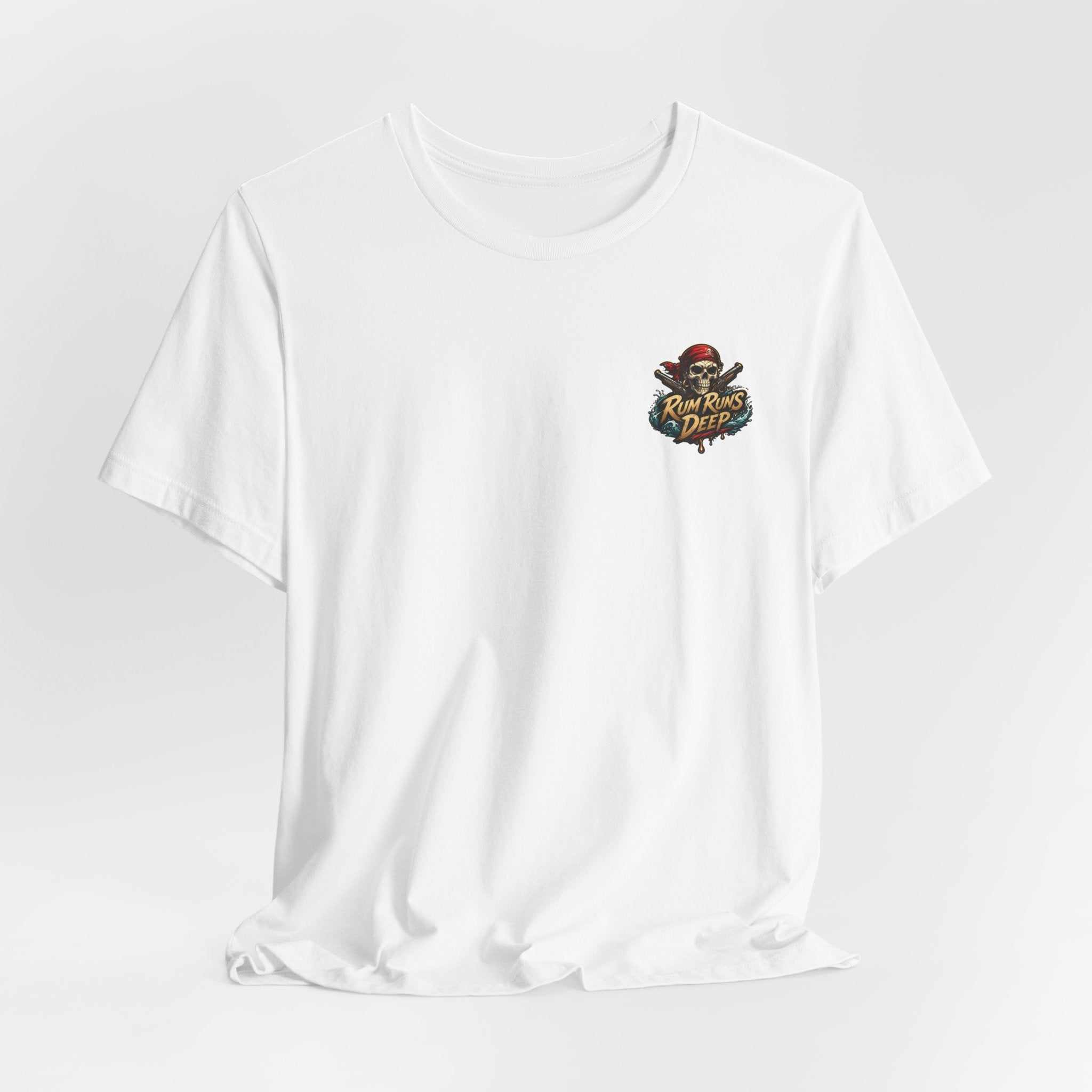 Rum Runs Deep pirate pinup T-shirt with vibrant island and pirate emblem print on breathable cotton