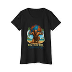 Black women's organic t-shirt featuring a muscular figure holding a globe with UNFKWTBL Company Inc design