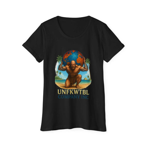 Black women's organic t-shirt featuring a muscular figure holding a globe with UNFKWTBL Company Inc design