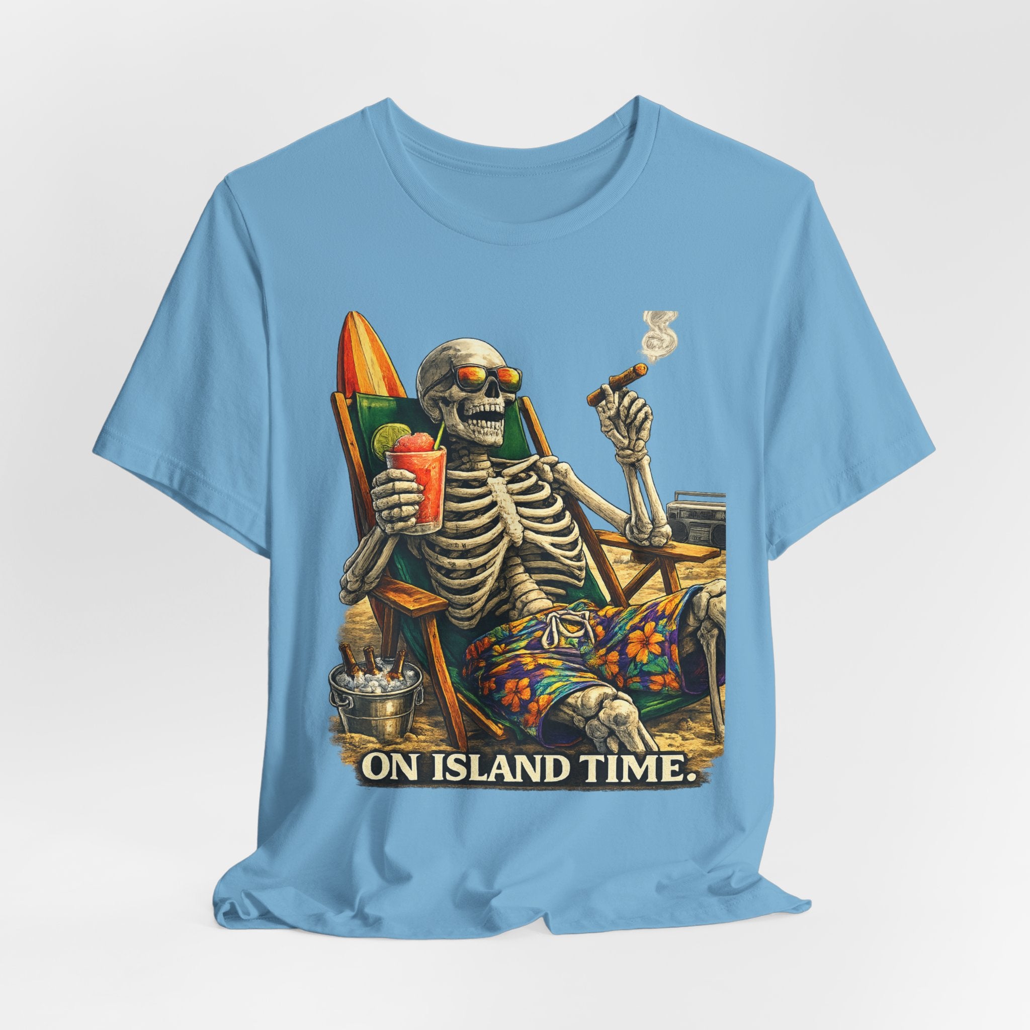 Skeleton Beach Tee — "On Island Time" Tropical Skull Vacation T-Shirt