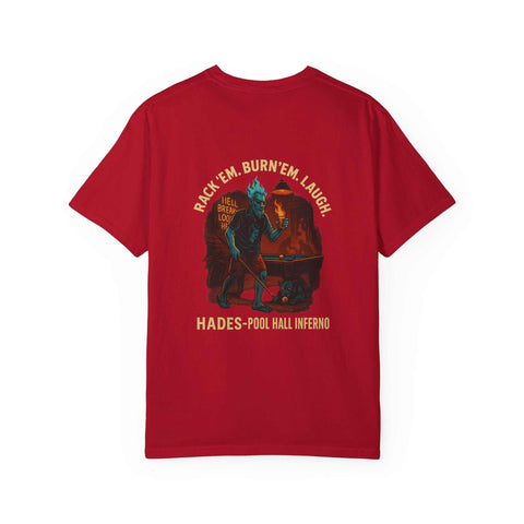 Red Hades Pool Hall Inferno unisex garment-dyed cotton t-shirt with fun pool hall graphic and text on back