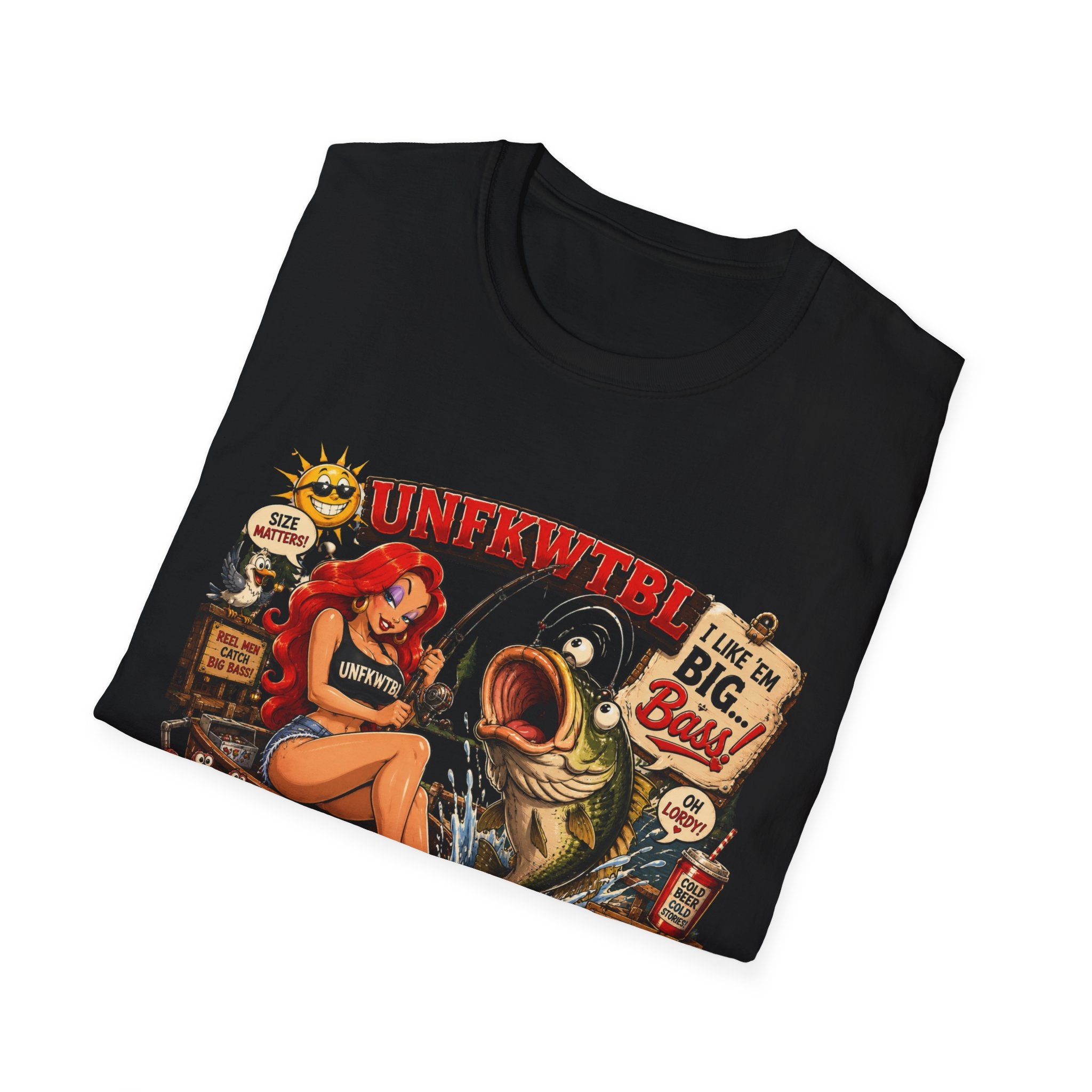 Fishing Pin-Up T-Shirt — "I Like 'Em Big, Baby" Retro Bass Graphic