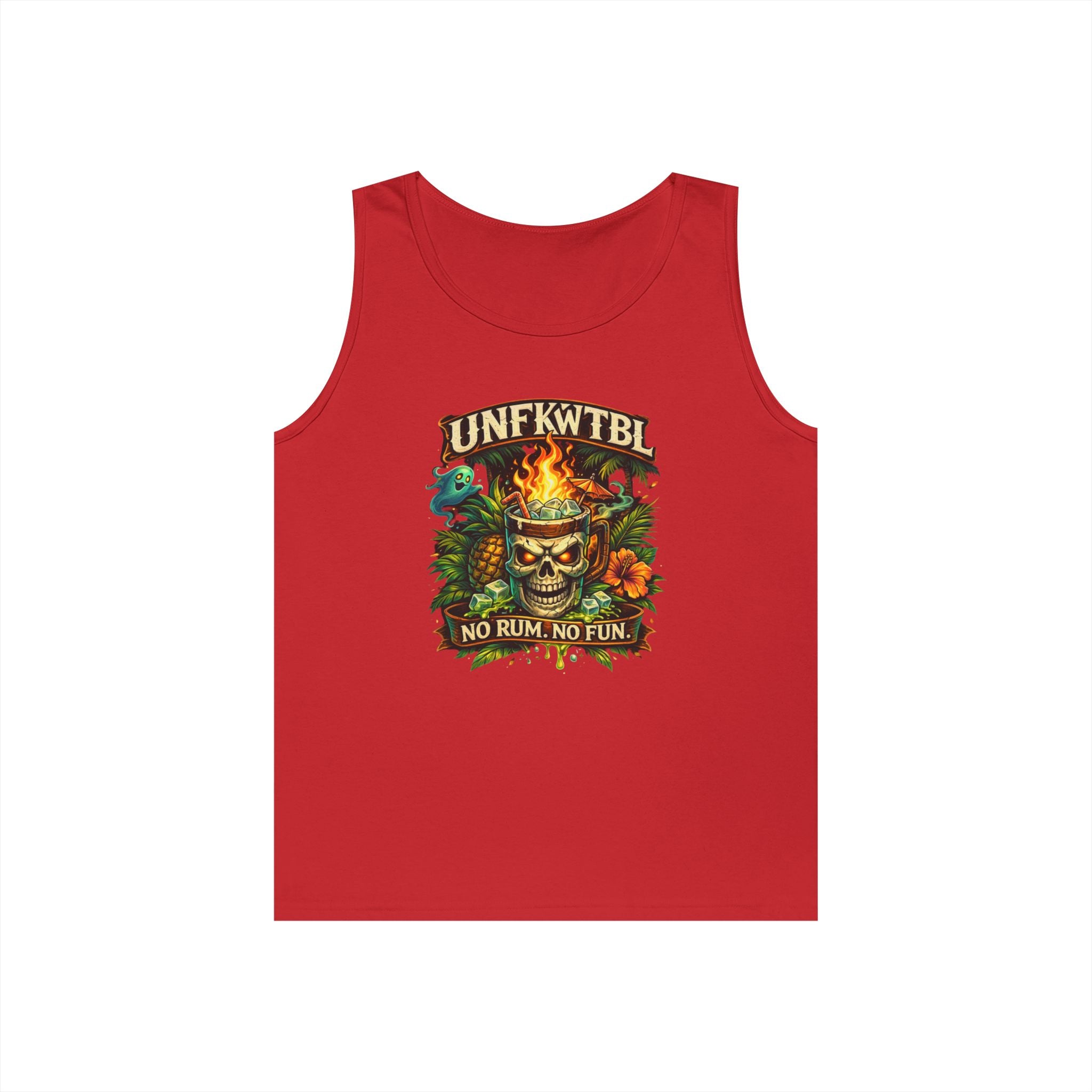 Tiki Skull Tank Top — “No Rum, No Fun” Tropical Beach Party Graphic Tank