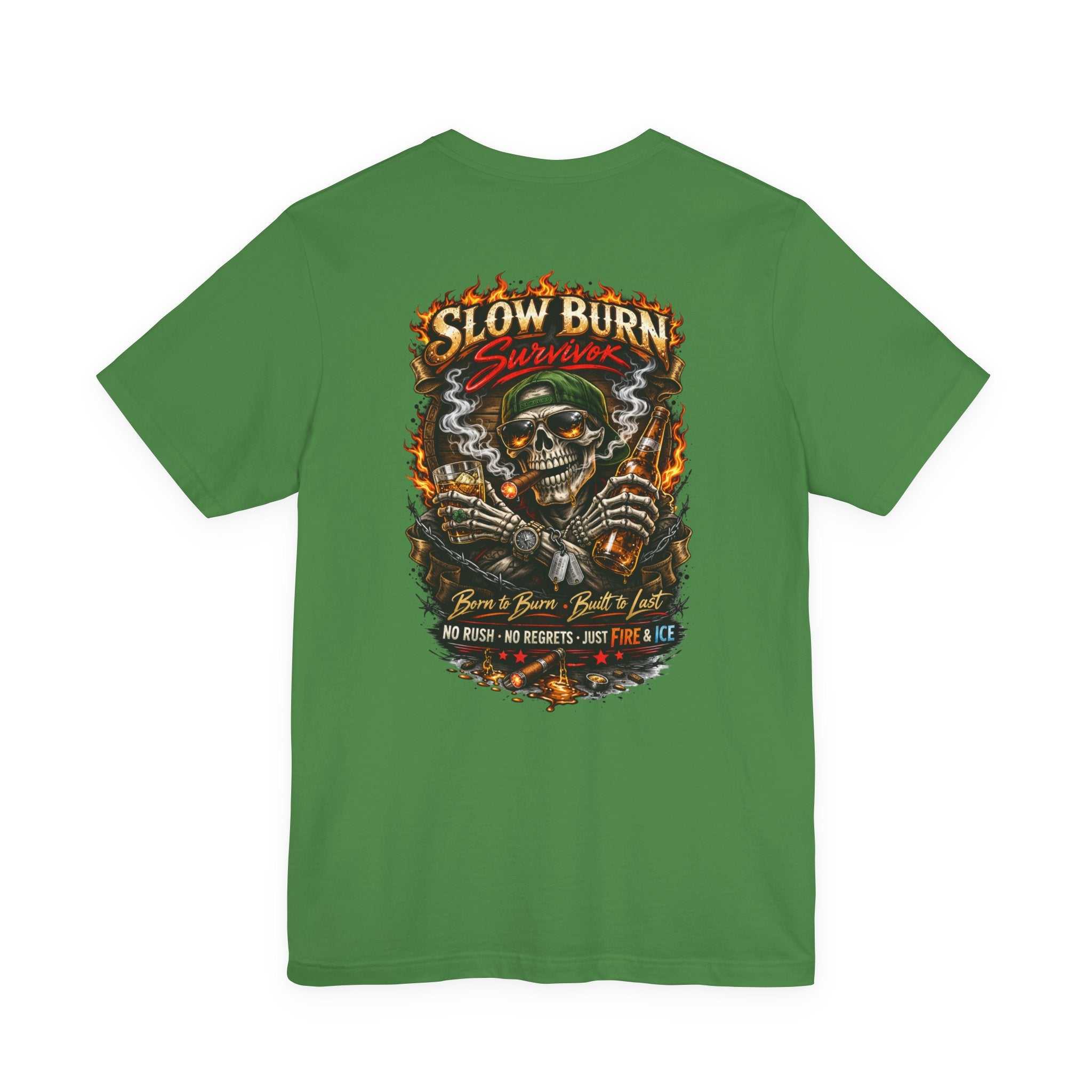Slow Burn Survivor T-Shirt — Vintage Skull Motorcycle Flame Tee