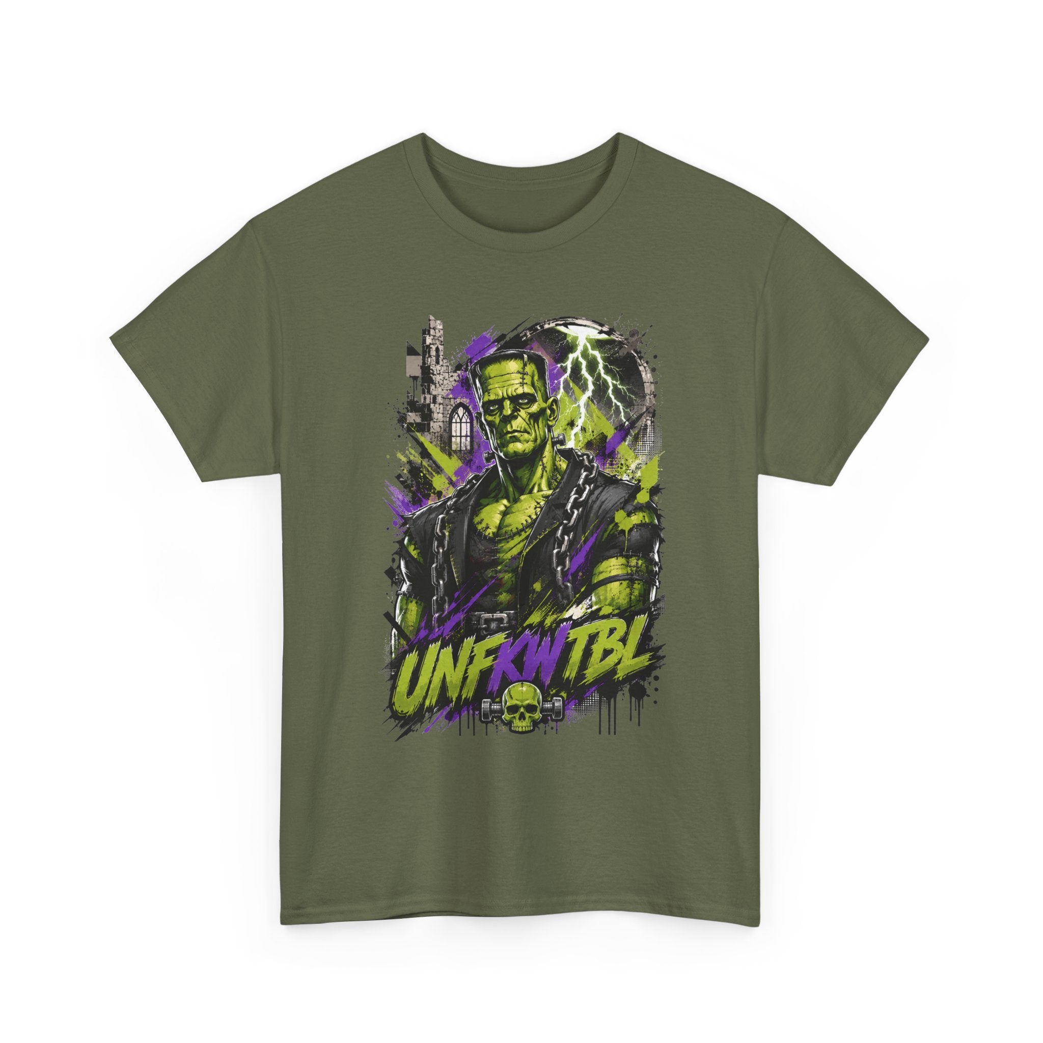 Frankenstein Monster Abstract Tee — "UNFKW TBL" Neon Horror Graphic Shirt