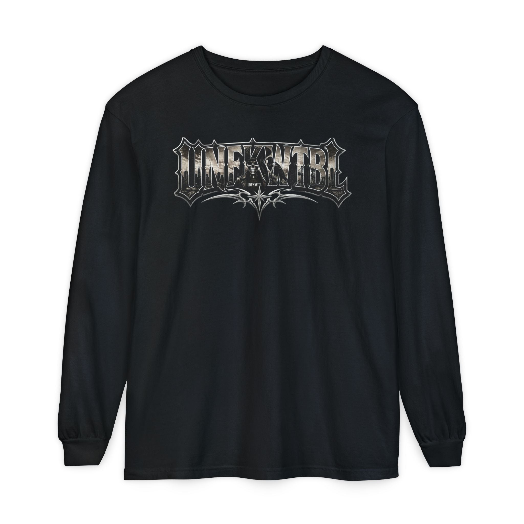 Metal Logo Long Sleeve T‑Shirt — 'UNDEFEATED' Gothic Graphic