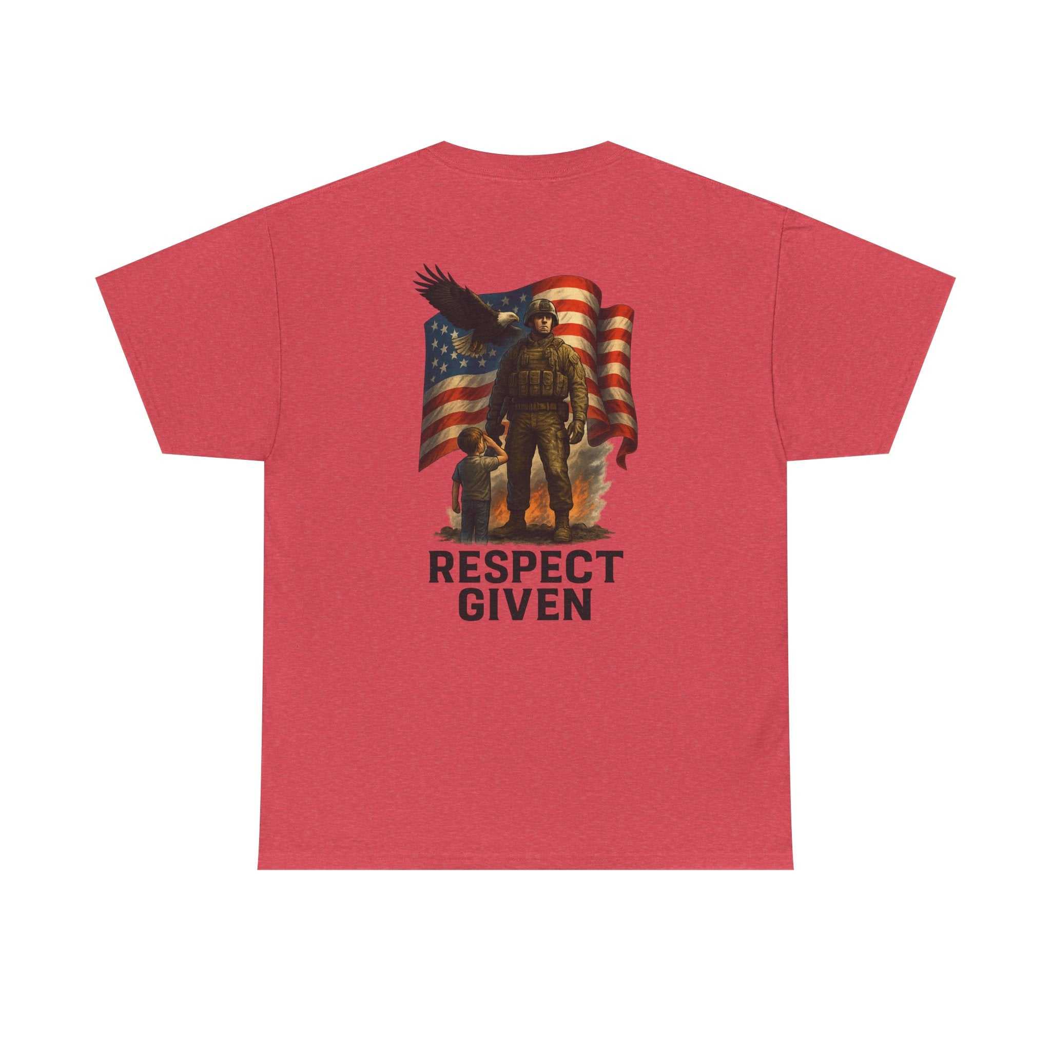 Respect Given Unisex Tee featuring soldier and American flag graphic on cotton crew neck shirt