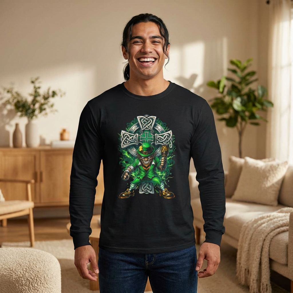 Leprechaun Celtic Cross Long Sleeve Tee — St. Patrick's Day Irish Luck Shirt