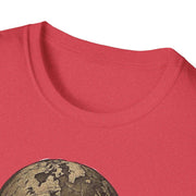 Close-up of red Atlas Strength unisex softstyle t-shirt with bold graphic design and crew neckline