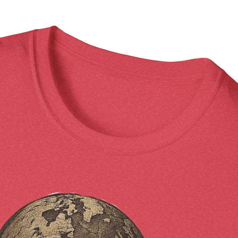 Close-up of red Atlas Strength unisex softstyle t-shirt with bold graphic design and crew neckline