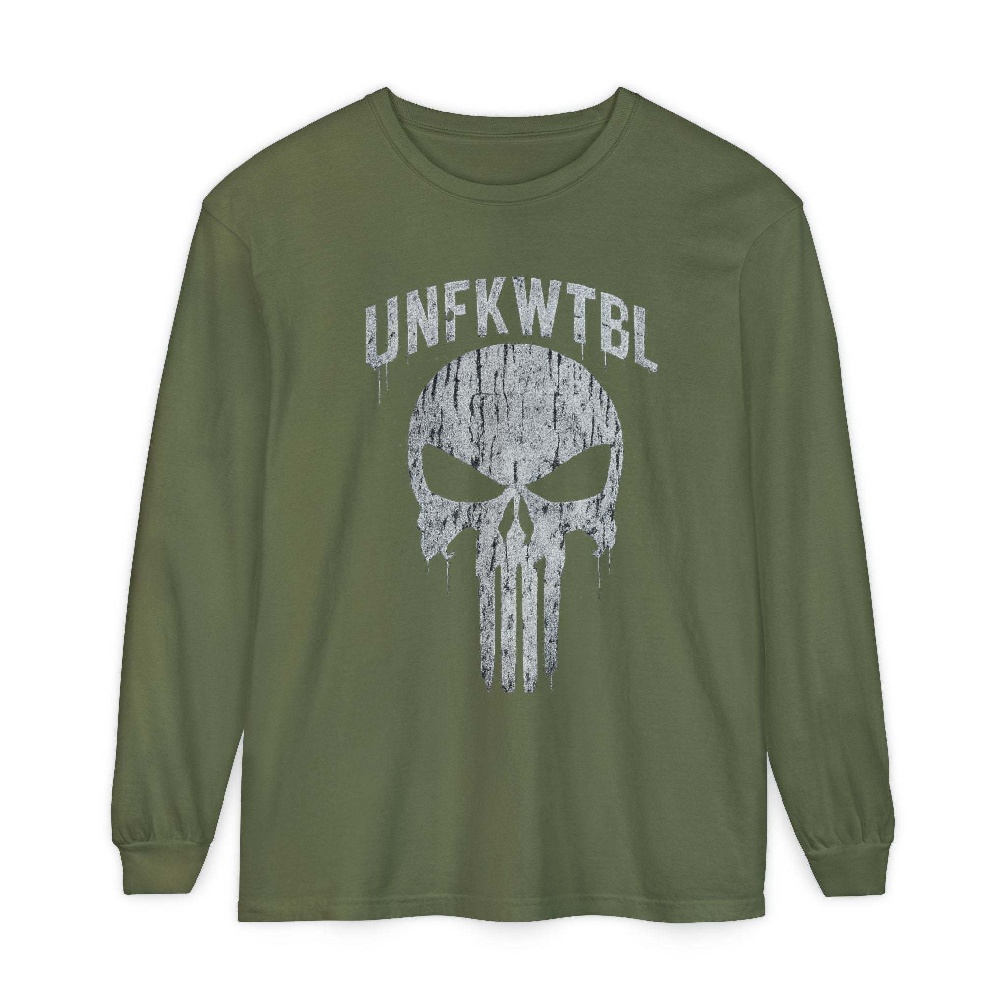 Punisher Skull Long Sleeve Tee — 'UNFKWTBL' Distressed Graphic
