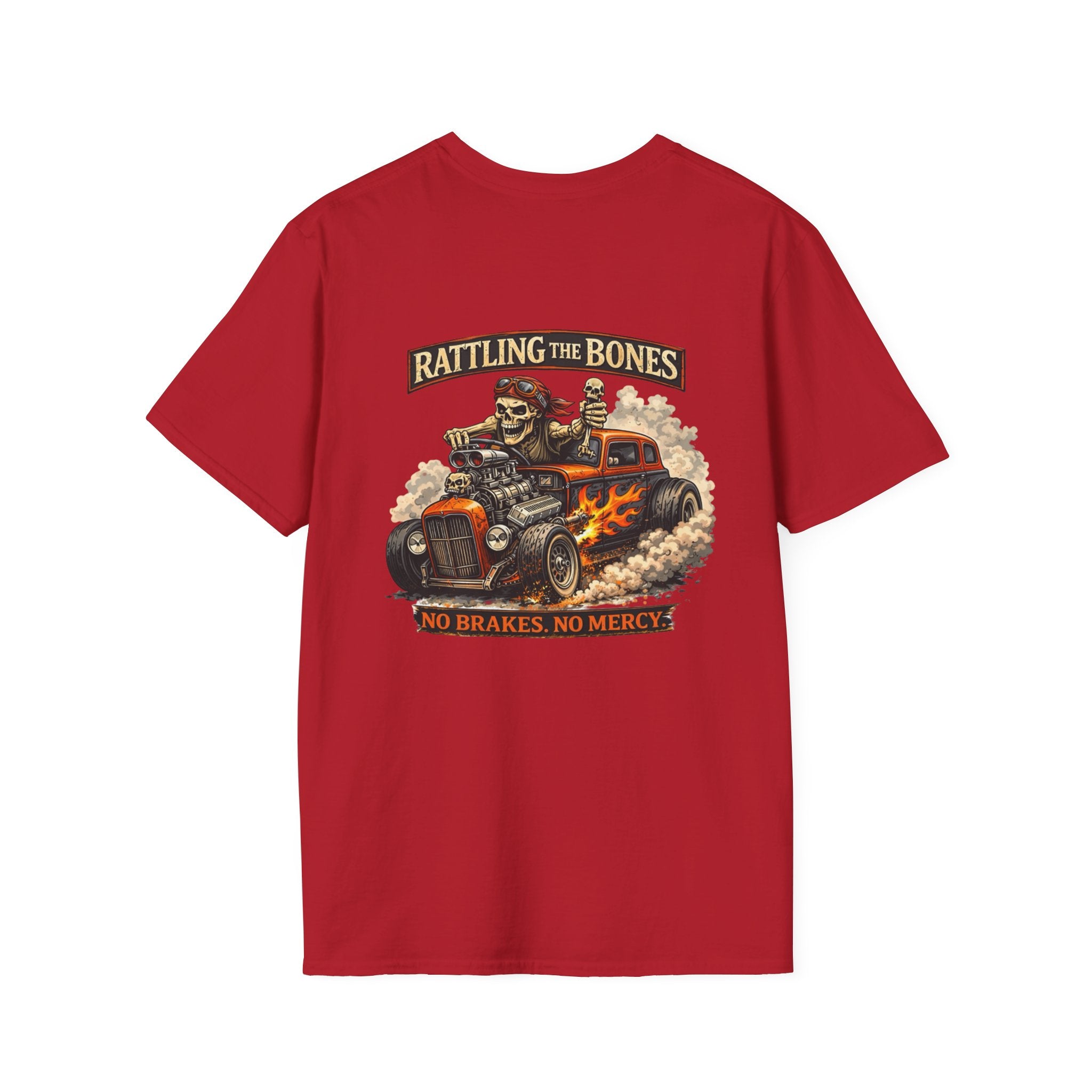 Rattling the Bones Hot Rod T-Shirt — "No Brakes, No Mercy" Skull Car Graphic Tee