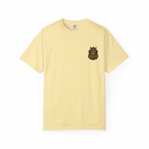 Unisex garment-dyed yellow T-shirt with Beast King vintage graphic, soft cotton, casual fit, eco-friendly stylish shirt