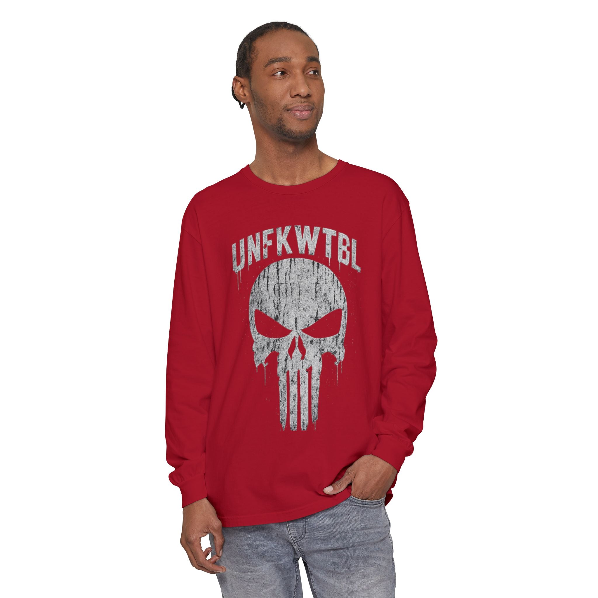 Punisher Skull Long Sleeve Tee — 'UNFKWTBL' Distressed Graphic