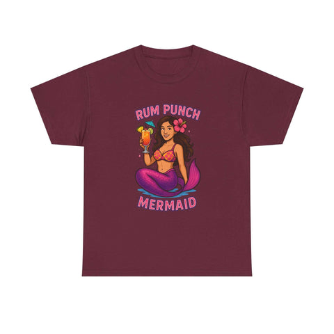 Maroon t-shirt with Rum Punch Mermaid Jana graphic holding a tropical drink
