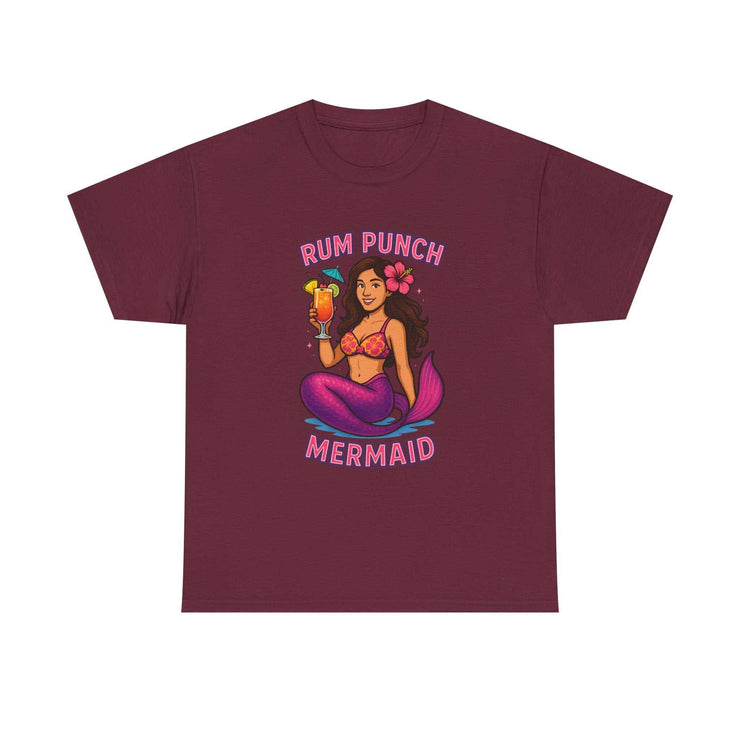 Maroon t-shirt with Rum Punch Mermaid Jana graphic holding a tropical drink