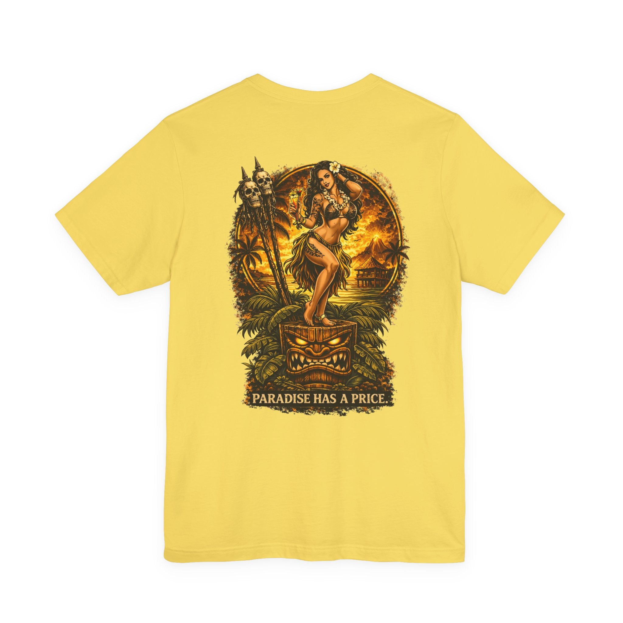 Paradise Has a Price T‑Shirt — Tropical Pinup Sunset Graphic Tee