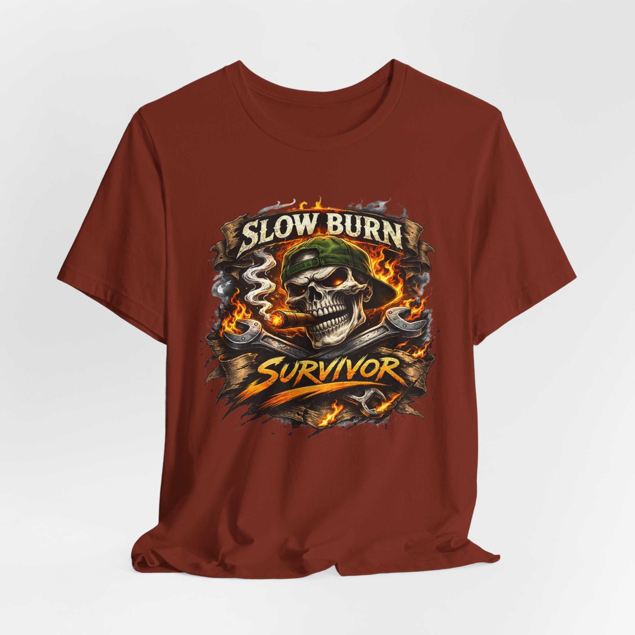Slow Burn Survivor T‑Shirt — Skull Flame Vintage Motorcycle Tee
