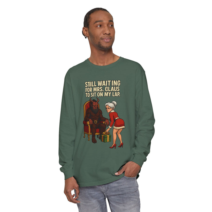 Funny Christmas Long Sleeve T-Shirt - "Still Waiting for Mrs. Claus"