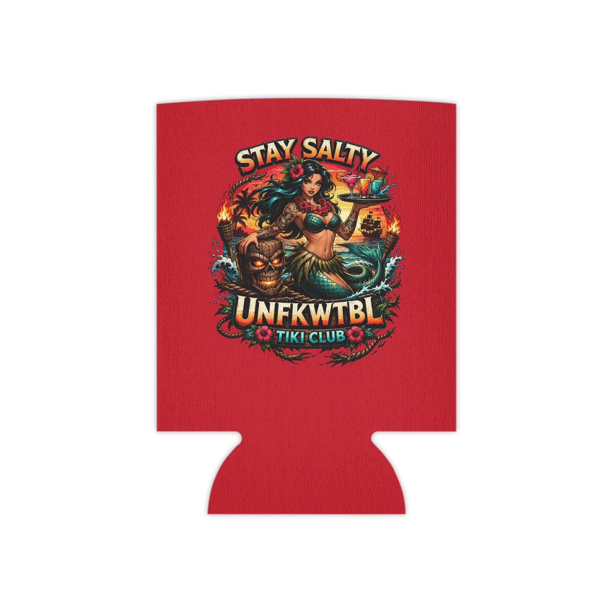 Stay Salty Tiki Can Cooler — "Stay Cold, Remain UNFKWTBL" Retro Beach Beer Koozie