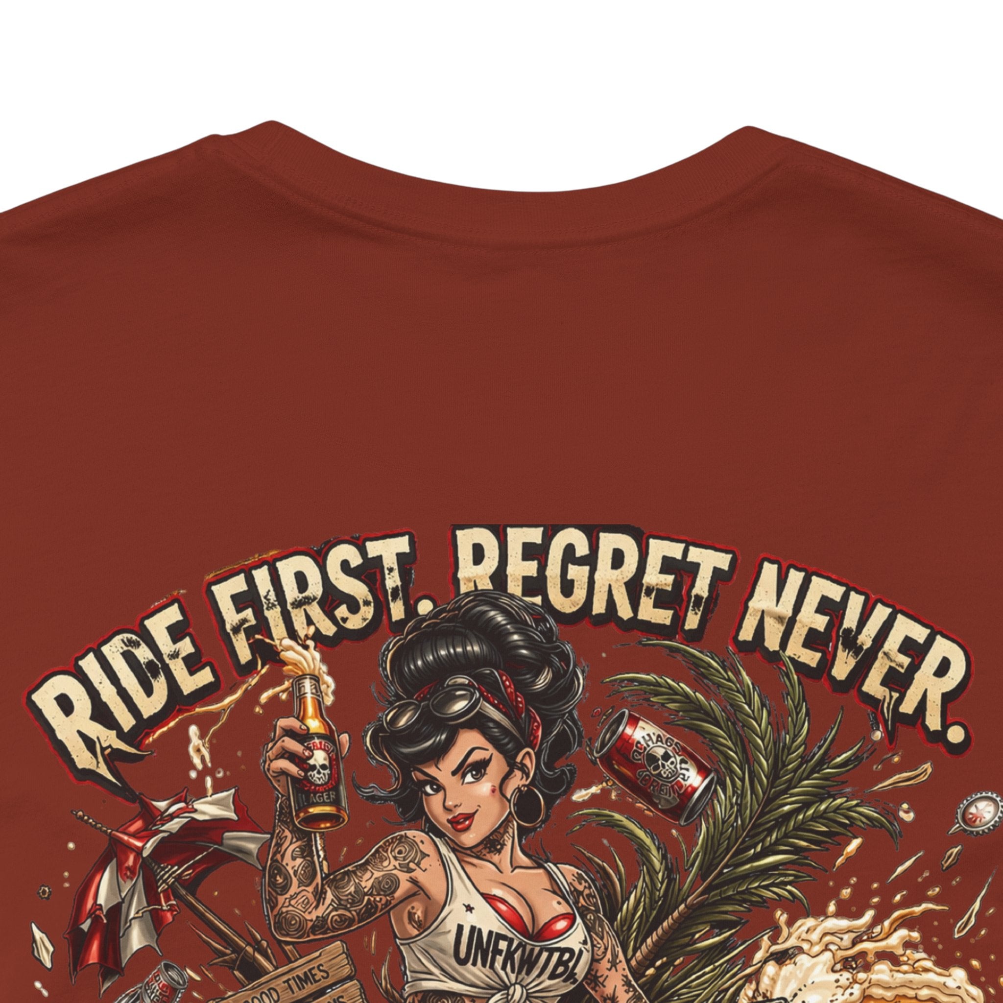 Ride First Regret Never Tee — Vintage Pinup Bomb Girl Motorcycle Graphic Shirt