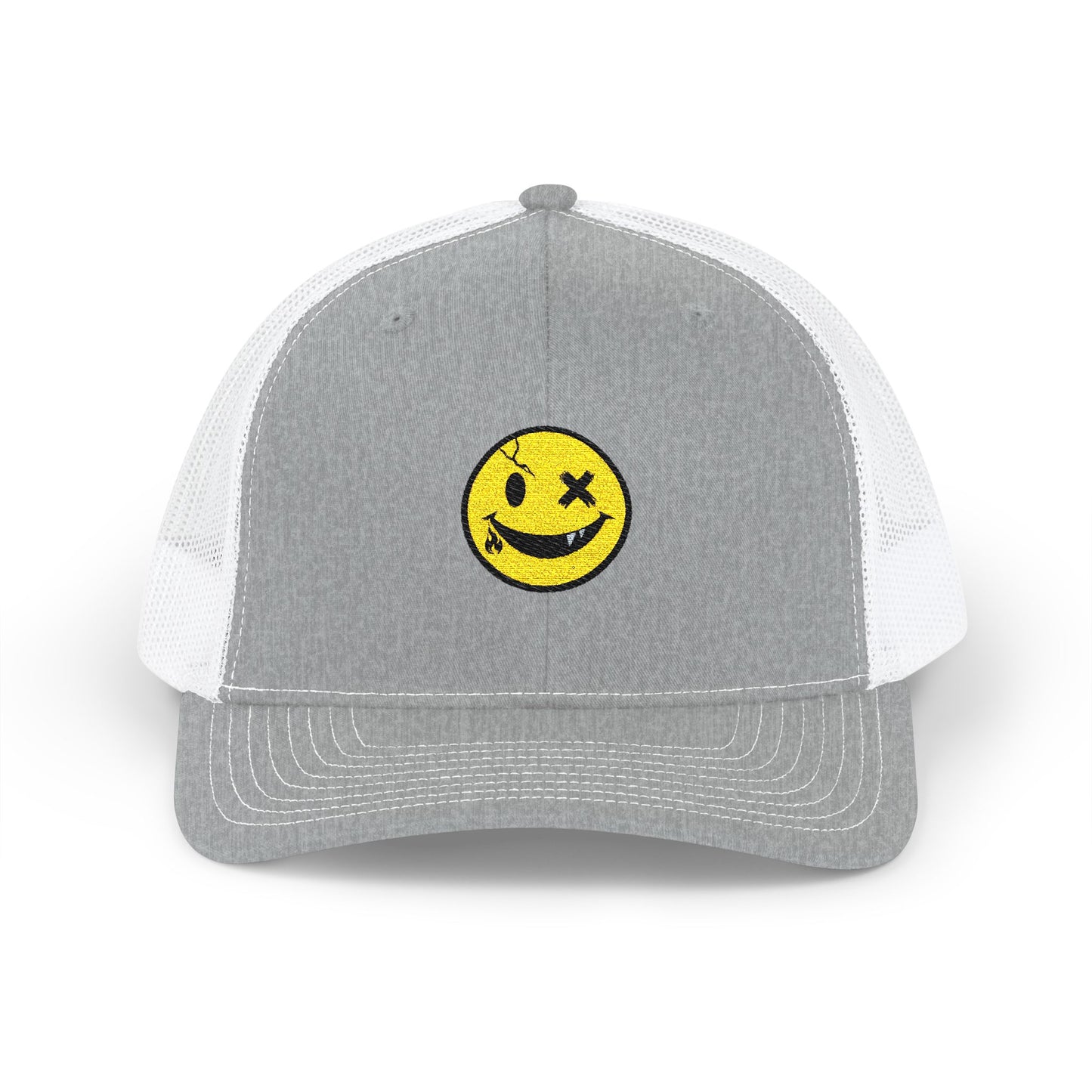 Smiley Winky Trucker Hat — Embroidered Distressed Yellow Smiley Snapback