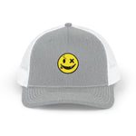 Smiley Winky Trucker Hat — Embroidered Distressed Yellow Smiley Snapback