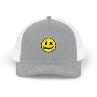 Smiley Winky Trucker Hat — Embroidered Distressed Yellow Smiley Snapback