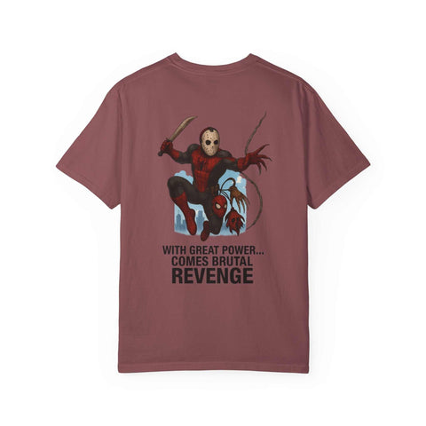 Unisex Revenge T-shirt featuring Jason Voorhees and Spider-Man graphic on maroon garment-dyed cotton tee