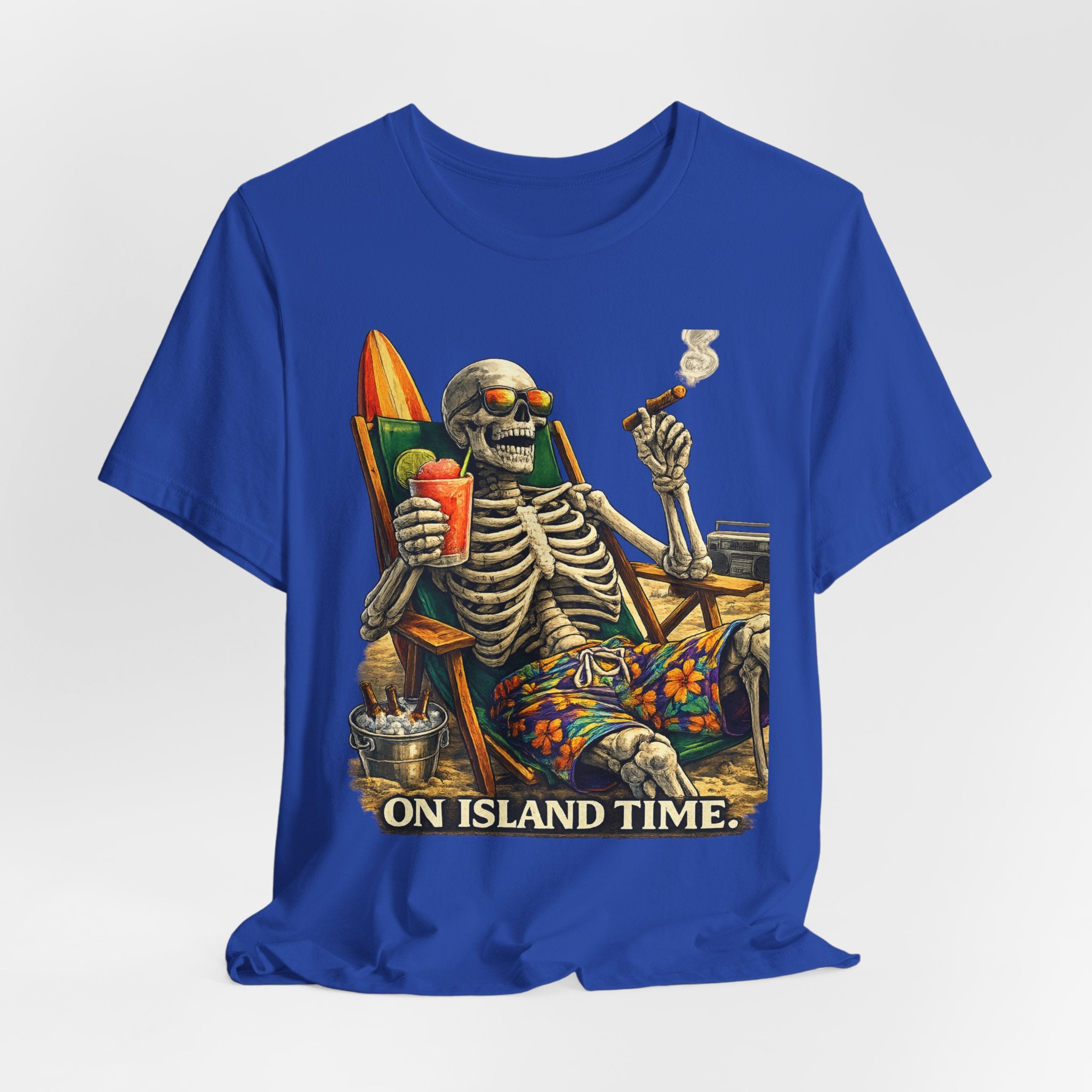 Skeleton Beach Tee — "On Island Time" Tropical Skull Vacation T-Shirt